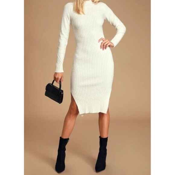 Lulus Dresses & Skirts - Lulus Midi Sweater Dress Womens Sz Medium Snuggle Party Ivory Mock Neck Open Leg